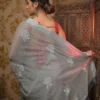 Grey on Rose Embroidery Work Pure Organza saree