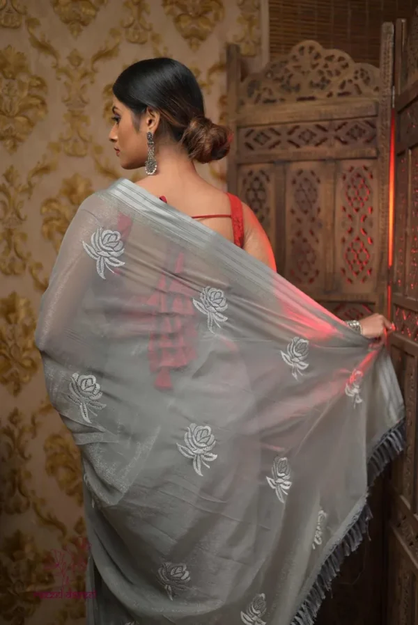 Grey on Rose Embroidery Work Pure Organza saree