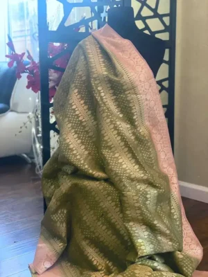 Sap Green Benarsasi on golden zari pink border muga silk saree