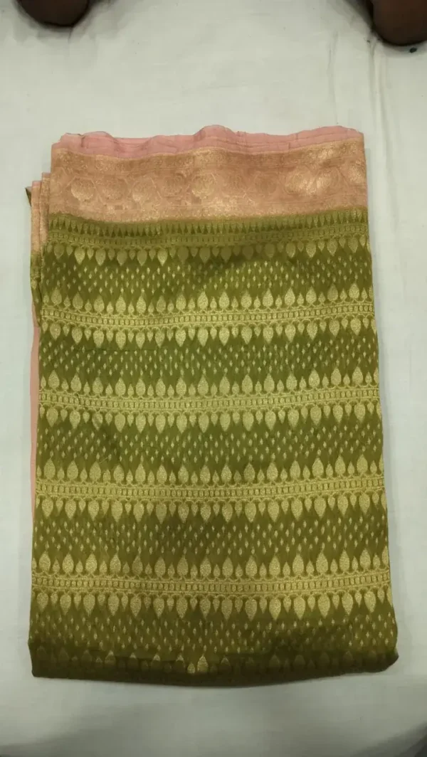 Sap Green Benarsasi on golden zari pink border muga silk saree