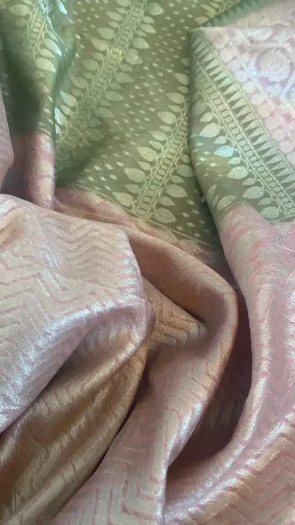Sap Green Benarsasi on golden zari pink border muga silk saree