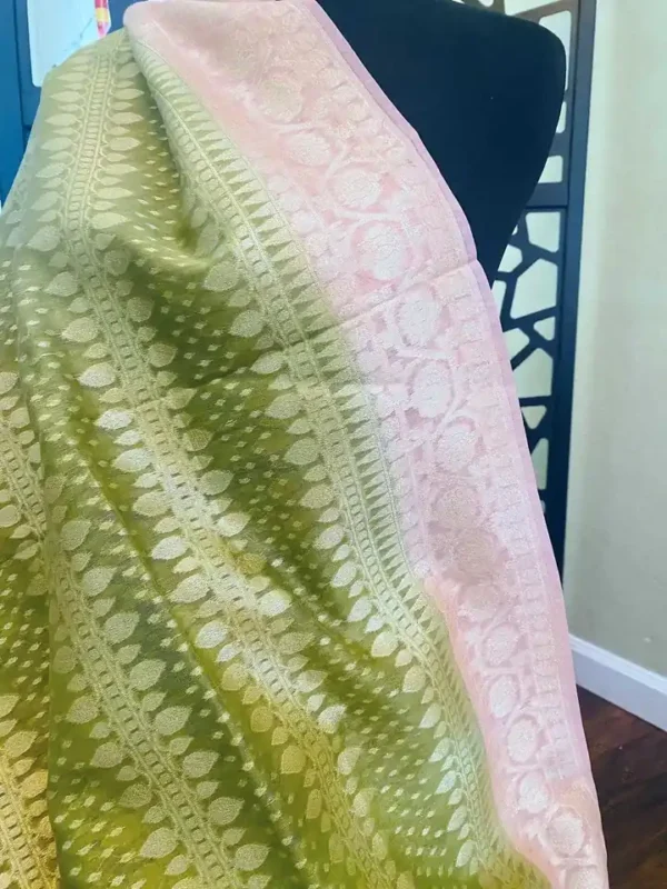 Sap Green Benarsasi on golden zari pink border muga silk saree