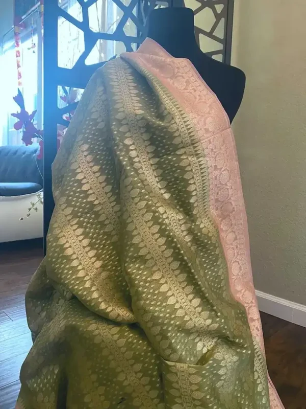 Sap Green Benarsasi on golden zari pink border muga silk saree