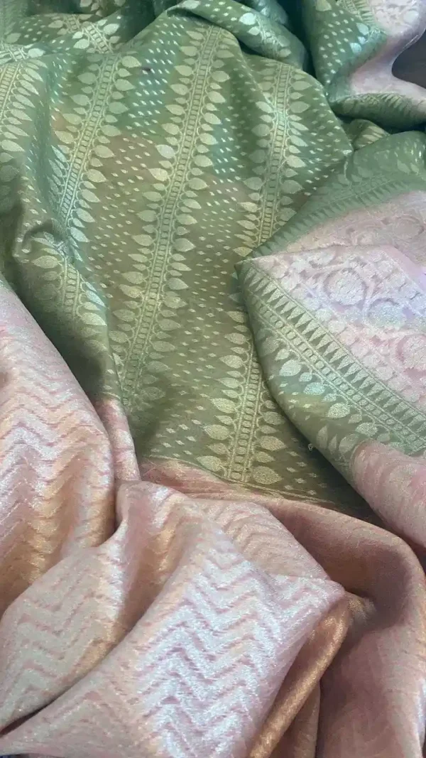 Sap Green Benarsasi on golden zari pink border muga silk saree