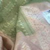 Sap Green Benarsasi on golden zari pink border muga silk saree