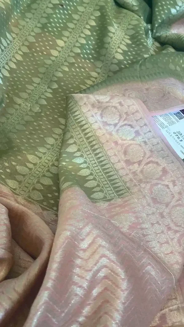 Sap Green Benarsasi on golden zari pink border muga silk saree