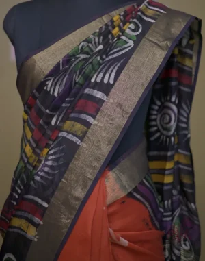 Rust n Navy Blue on Hand Batik Print with Zari Border Semi Silk Saree