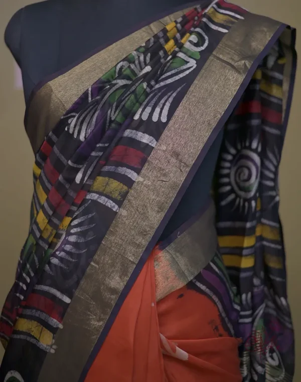 Rust n Navy Blue on Hand Batik Print with Zari Border Semi Silk Saree