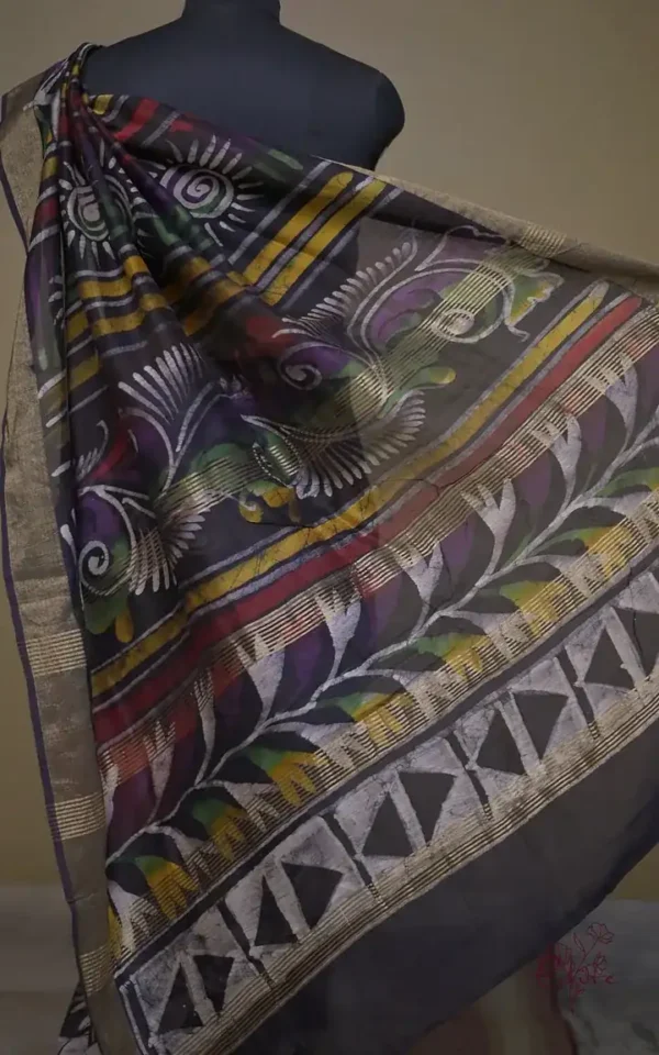 Rust n Navy Blue on Hand Batik Print with Zari Border Semi Silk Saree