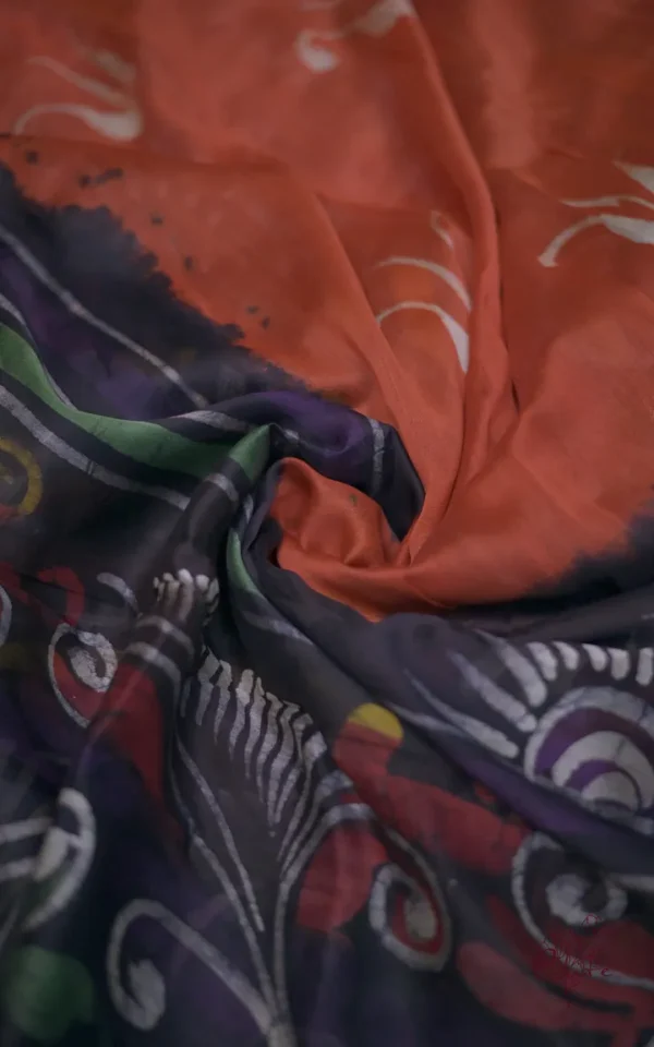 Rust n Navy Blue on Hand Batik Print with Zari Border Semi Silk Saree