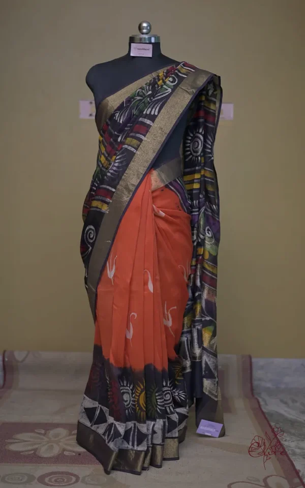 Rust n Navy Blue on Hand Batik Print with Zari Border Semi Silk Saree