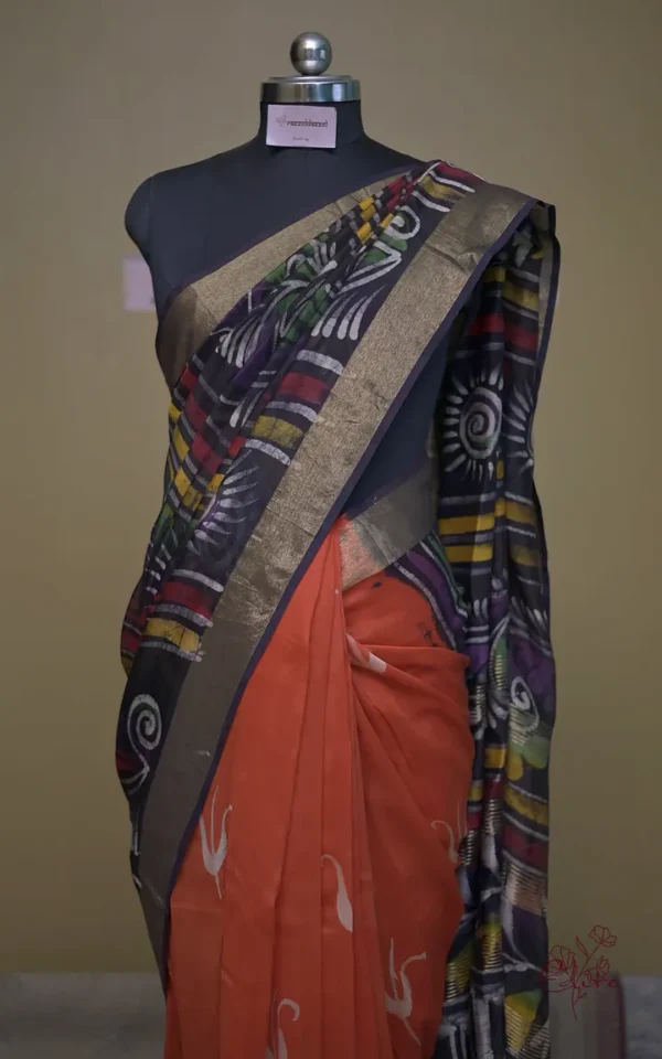 Rust n Navy Blue on Hand Batik Print with Zari Border Semi Silk Saree