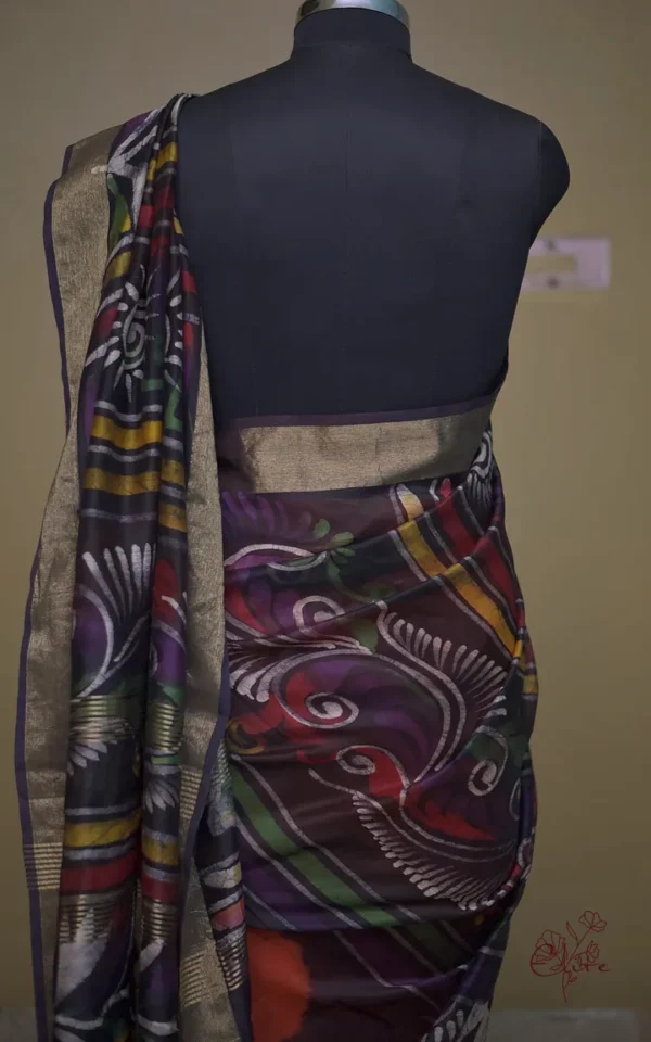 Rust n Navy Blue on Hand Batik Print with Zari Border Semi Silk Saree