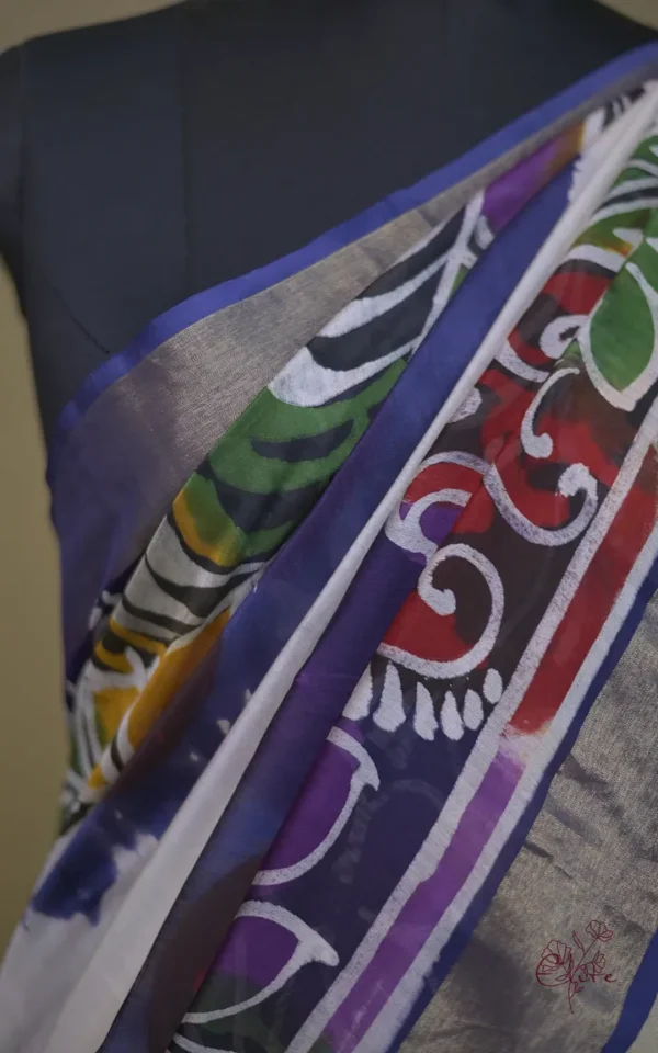 White n Blue on Multicolor Hand Batik Print with Zari Border Semi Silk