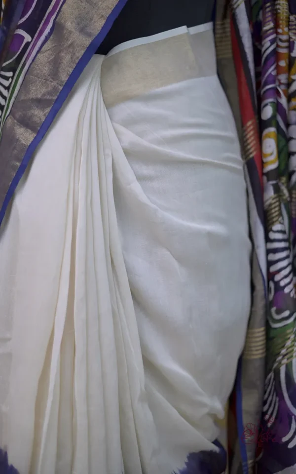White n Blue on Multicolor Hand Batik Print with Zari Border Semi Silk