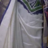 White n Blue on Multicolor Hand Batik Print with Zari Border Semi Silk Saree