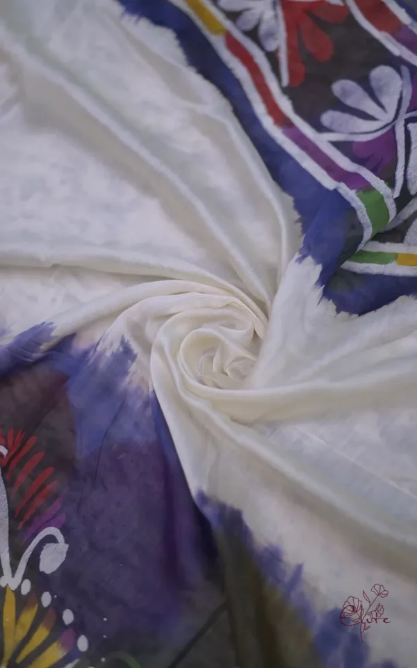 White n Blue on Multicolor Hand Batik Print with Zari Border Semi Silk Saree