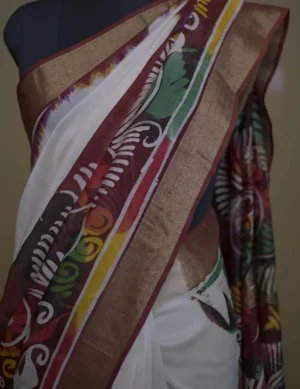 White n Maroon on Multicolor Hand Batik Print with Zari Border Semi Silk Saree