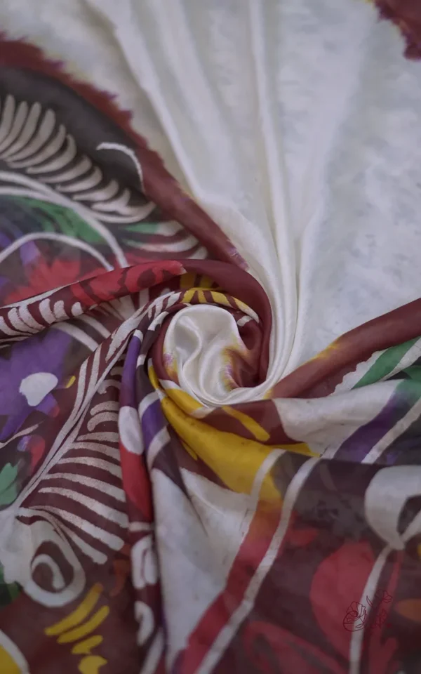 White n Maroon on Multicolor Hand Batik Print with Zari Border Semi Silk Saree