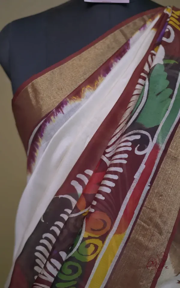 White n Maroon on Multicolor Hand Batik Print with Zari Border Semi Silk Saree