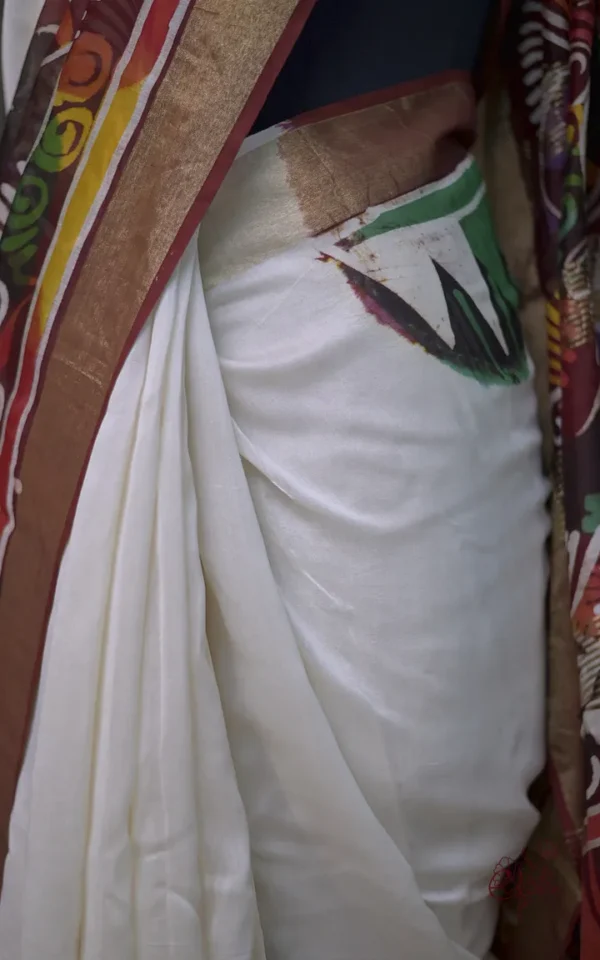 White n Maroon on Multicolor Hand Batik Print with Zari Border Semi Silk Saree