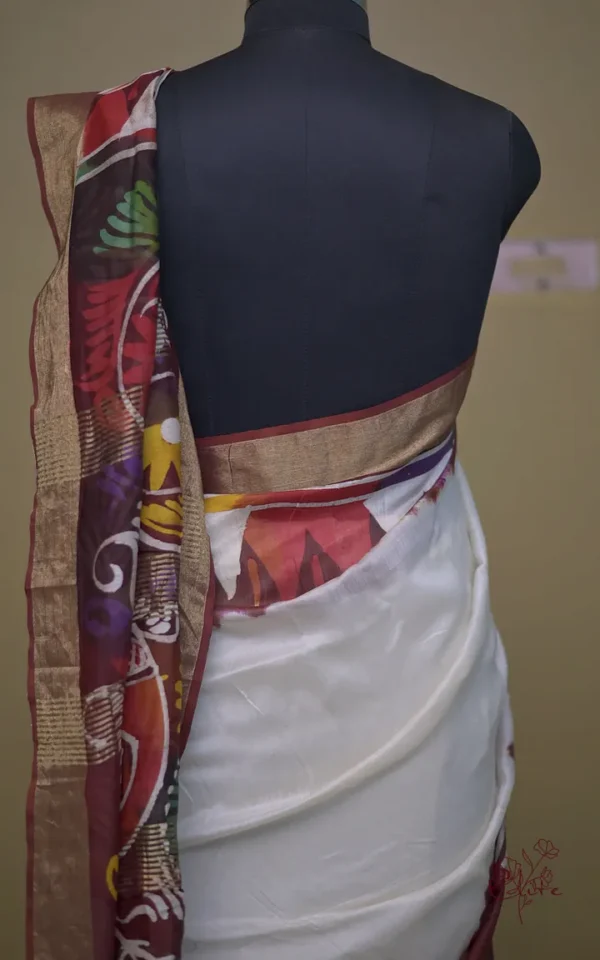 White n Maroon on Multicolor Hand Batik Print with Zari Border Semi Silk Saree