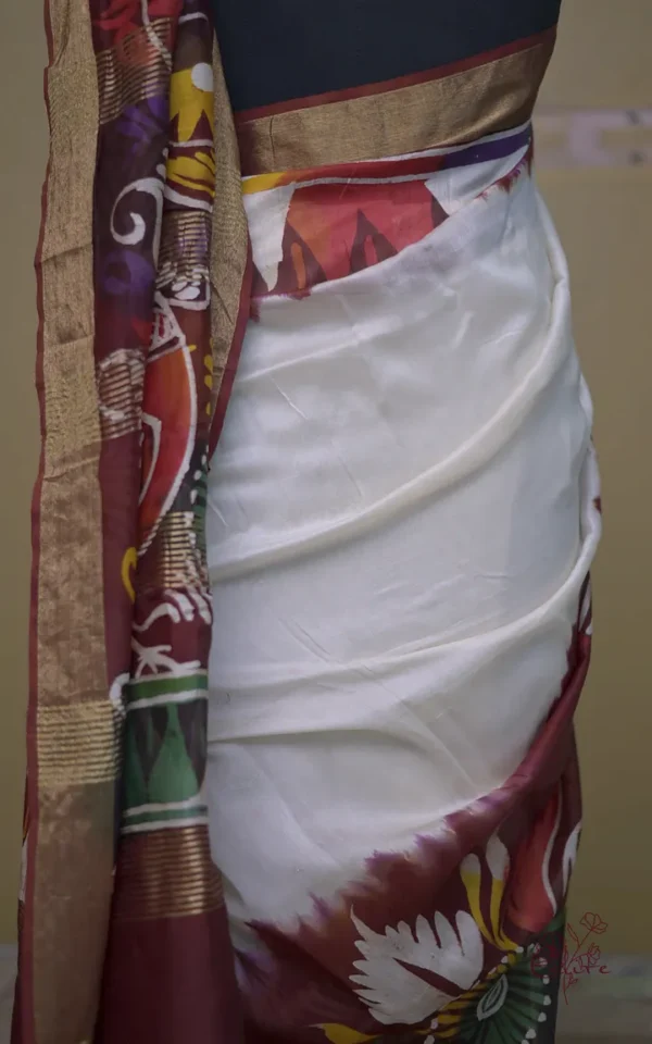 White n Maroon on Multicolor Hand Batik Print with Zari Border Semi Silk Saree