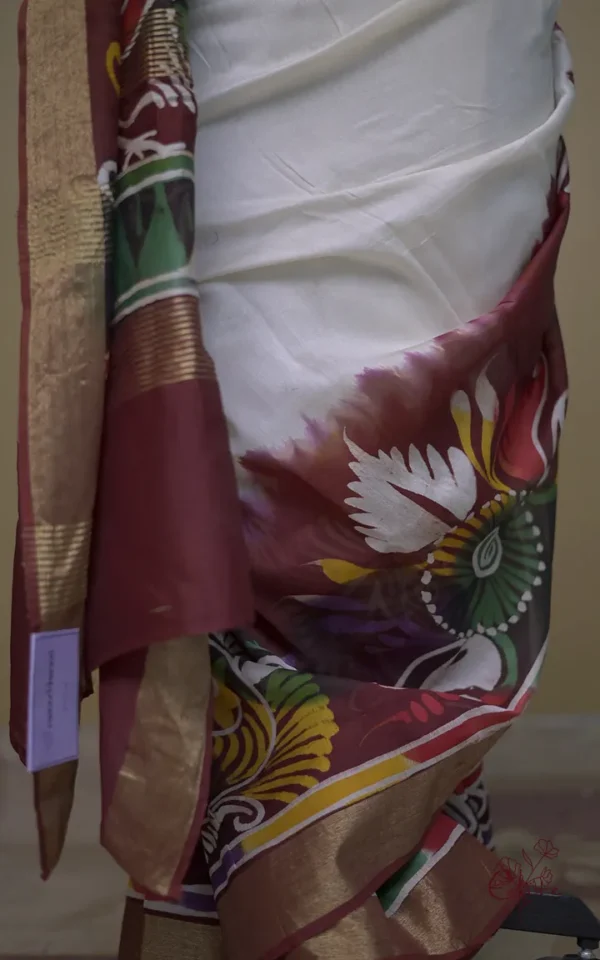 White n Maroon on Multicolor Hand Batik Print with Zari Border Semi Silk Saree