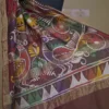 White n Maroon on Multicolor Hand Batik Print with Zari Border Semi Silk Saree