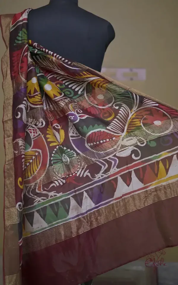 White n Maroon on Multicolor Hand Batik Print with Zari Border Semi Silk Saree