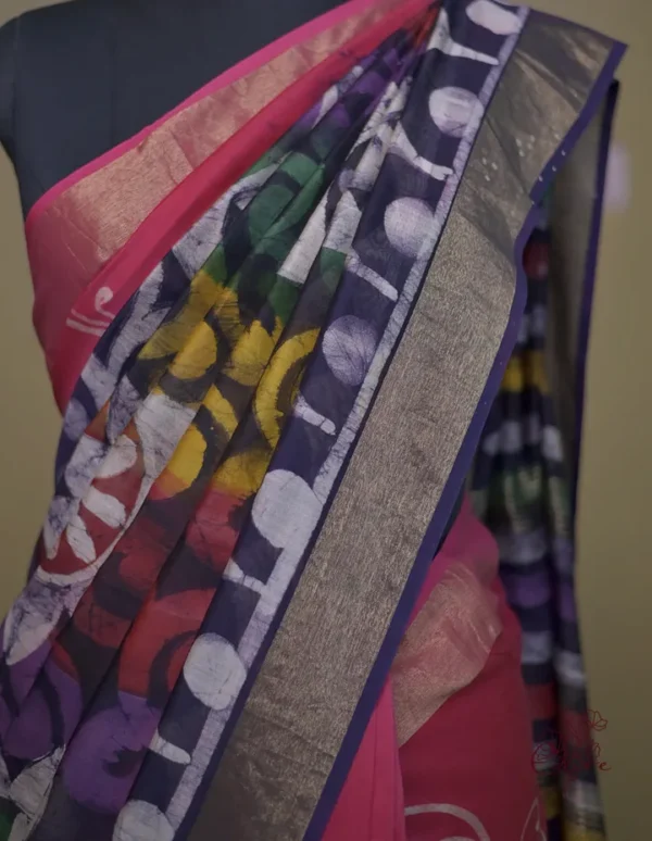 Lipstick Pink on Multicolor Hand Batik Print with Zari Border Semi Silk Saree