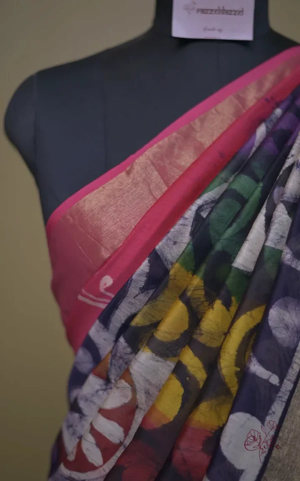 Lipstick Pink on Multicolor Hand Batik Print with Zari Border Semi Silk Saree