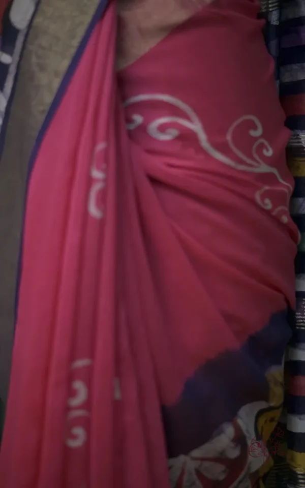 Lipstick Pink on Multicolor Hand Batik Print with Zari Border Semi Silk Saree