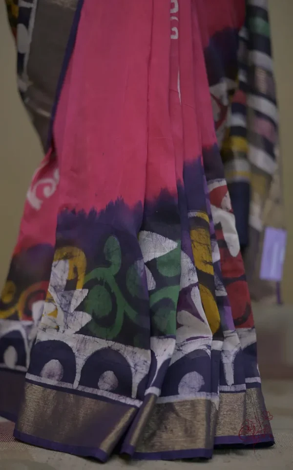 Lipstick Pink on Multicolor Hand Batik Print with Zari Border Semi Silk Saree