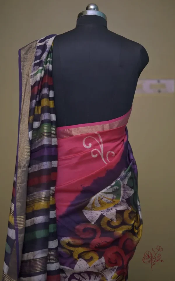 Lipstick Pink on Multicolor Hand Batik Print with Zari Border Semi Silk Saree