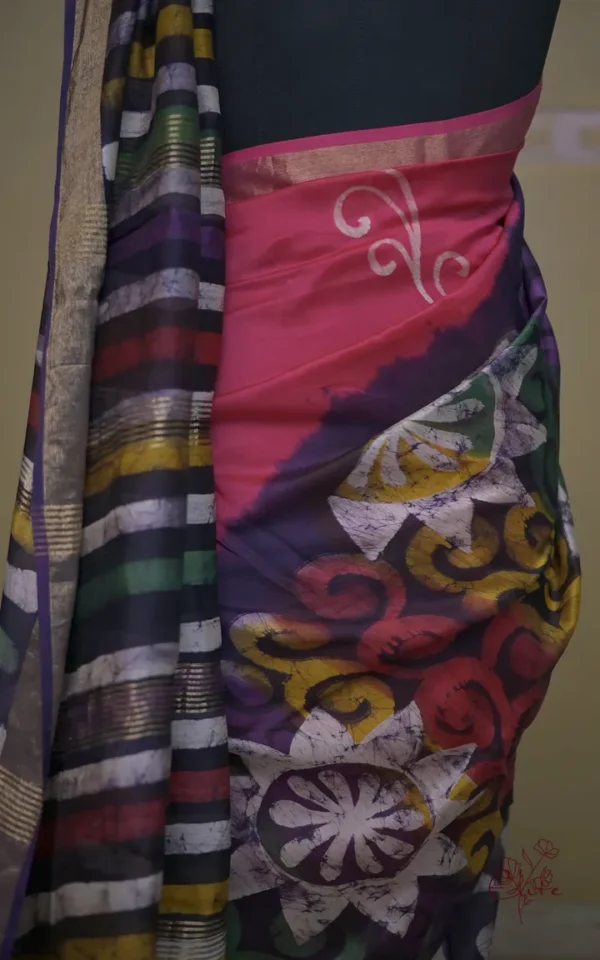 Lipstick Pink on Multicolor Hand Batik Print with Zari Border Semi Silk Saree