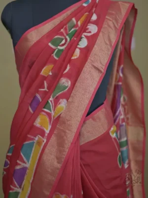Orange on Multicolor Hand Batik Print with Zari Border Semi Silk Sraee