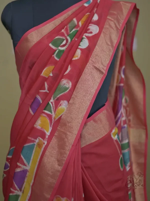 Orange on Multicolor Hand Batik Print with Zari Border Semi Silk Sraee