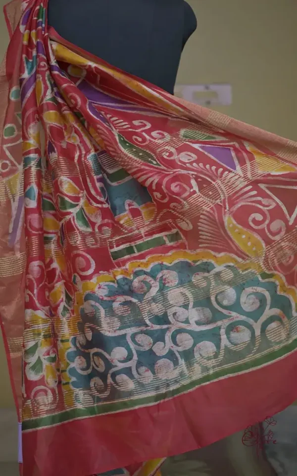 Orange on Multicolor Hand Batik Print with Zari Border Semi Silk Sraee