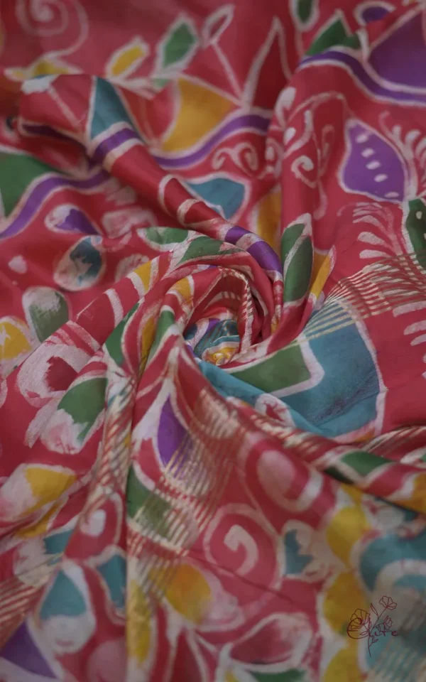 Orange on Multicolor Hand Batik Print with Zari Border Semi Silk Sraee