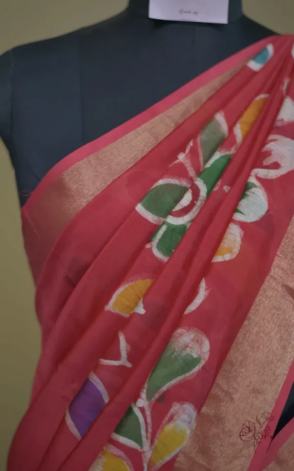 Orange on Multicolor Hand Batik Print with Zari Border Semi Silk Sraee