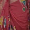 Orange on Multicolor Hand Batik Print with Zari Border Semi Silk Sraee