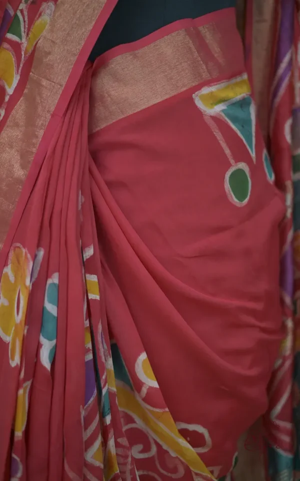 Orange on Multicolor Hand Batik Print with Zari Border Semi Silk Sraee
