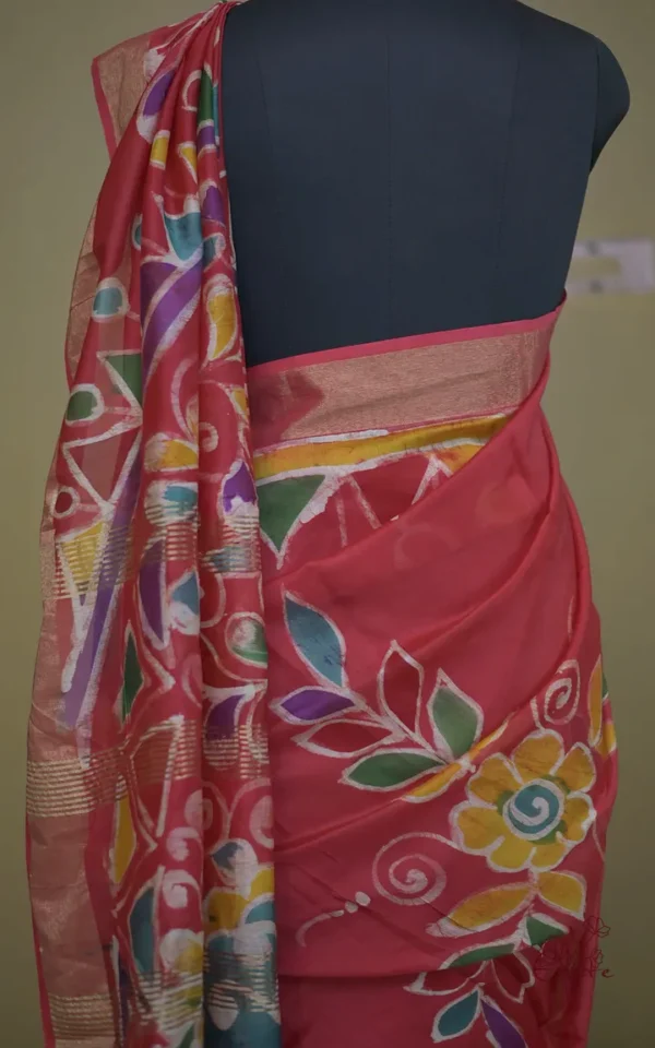 Orange on Multicolor Hand Batik Print with Zari Border Semi Silk Sraee