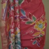 Orange on Multicolor Hand Batik Print with Zari Border Semi Silk Sraee