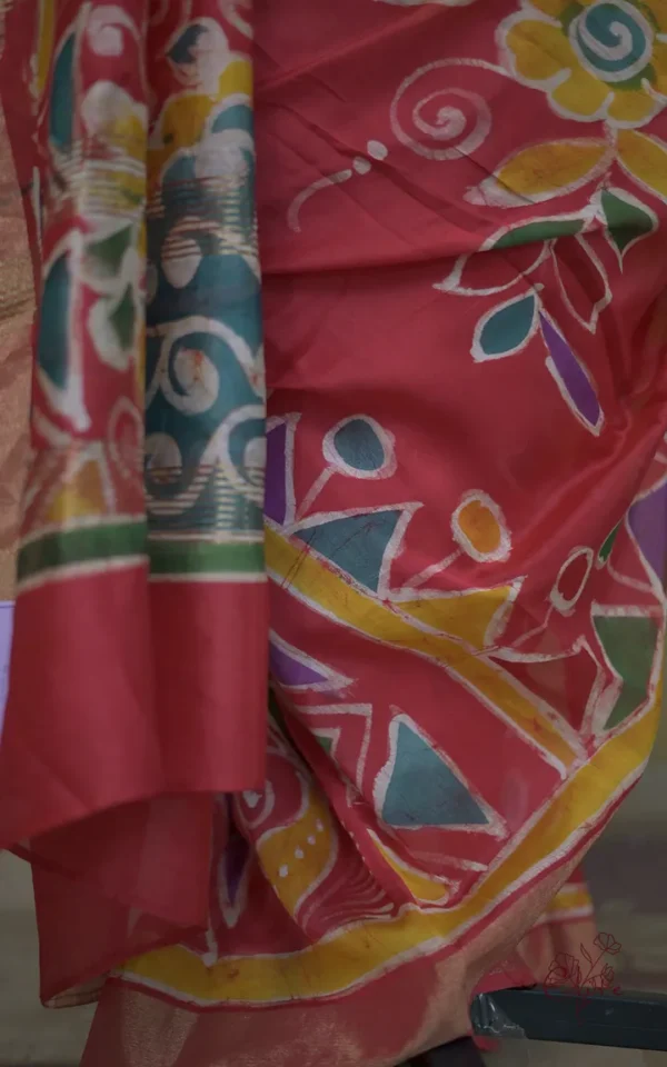 Orange on Multicolor Hand Batik Print with Zari Border Semi Silk Sraee