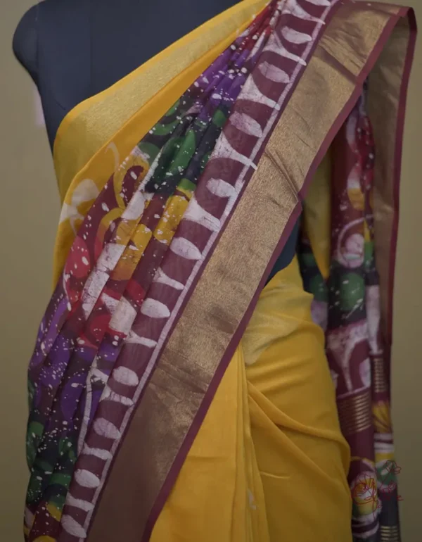 Yellow n Maroon on Hand Batik Print with Zari Border Semi Silk Saree