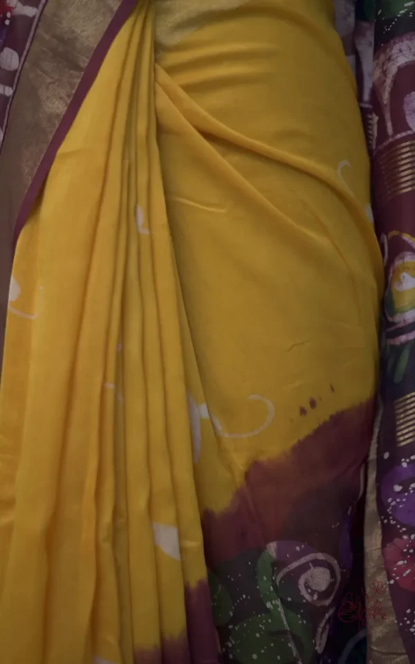 Yellow n Maroon on Hand Batik Print with Zari Border Semi Silk Saree