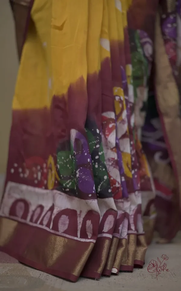 Yellow n Maroon on Hand Batik Print with Zari Border Semi Silk Saree