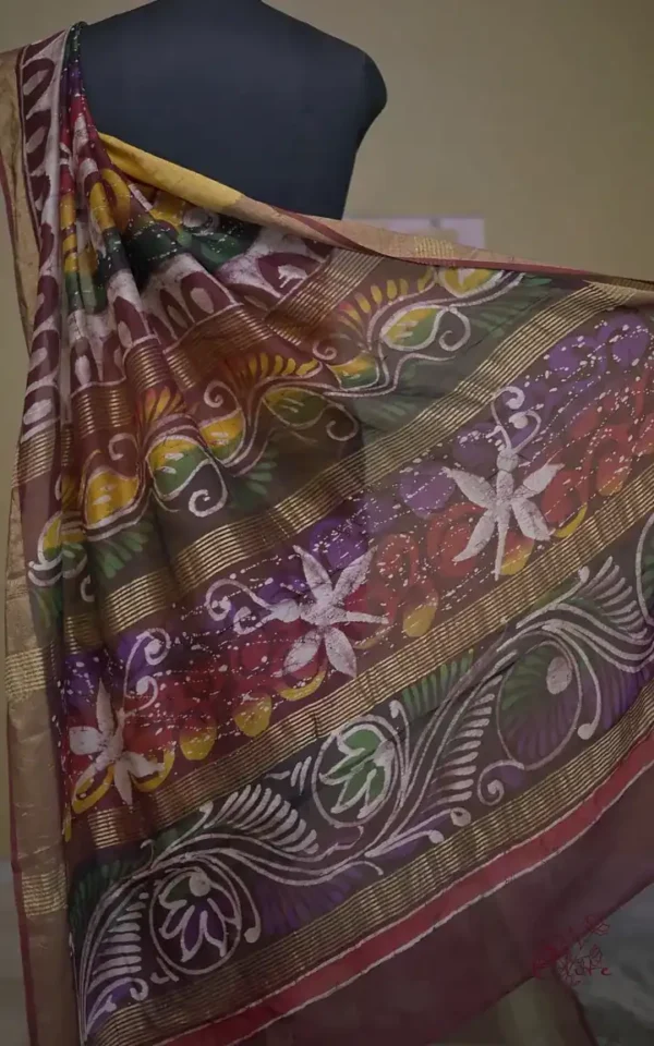 Yellow n Maroon on Hand Batik Print with Zari Border Semi Silk Saree